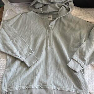 aerie Light Sage Waffle-Knit Henley Hoodie